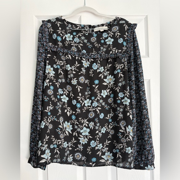 LOFT Tops - LOFT Black Blouse with Blue Floral Design